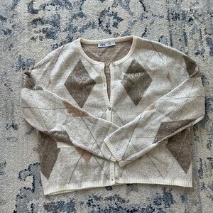 Zara Cream and Brown Sparkly Geometric Cardigan Sweater
